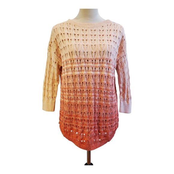 WOOLRICH SZ XS/S Open Weave 3/4 Sleeve Peach Orange Ombre Cotton Blend Sweater - Picture 2 of 10